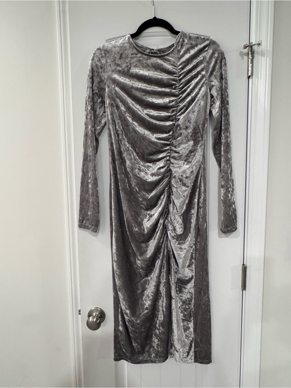 Silver Velvet Ruched Long-Sleeve Midi Dress